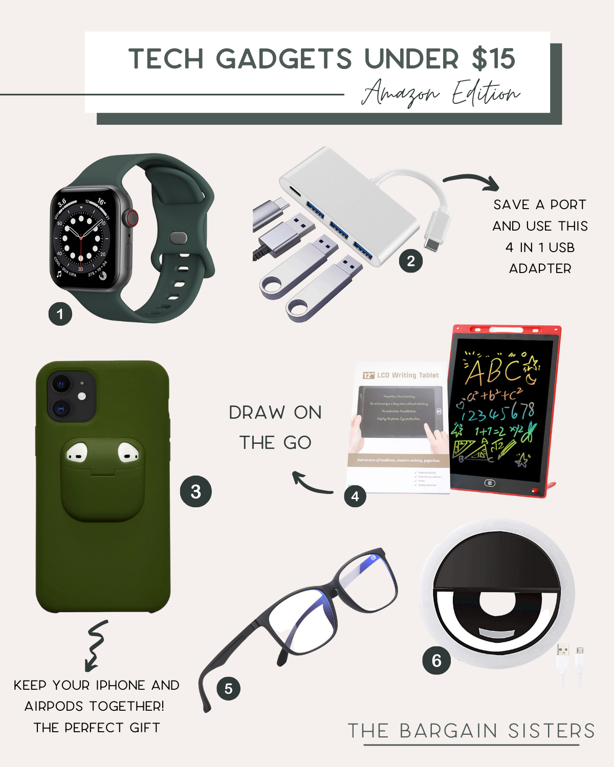 Six can't-live-without tech gadgets from Amazon for under $15, including blue light glasses, a selfie ring light, Airpods iPhone case, Apple watch bands, a USB adapter, and a drawing board